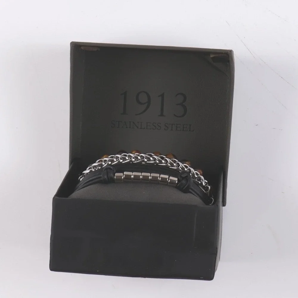 1913 Bracelet Set 3 Piece Stainless Steel Tiger Eye Black Silver NWT